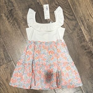 NWT Janie and Jack Cream Ruffle Shoulder Dress with Floral Skirt 18-24M